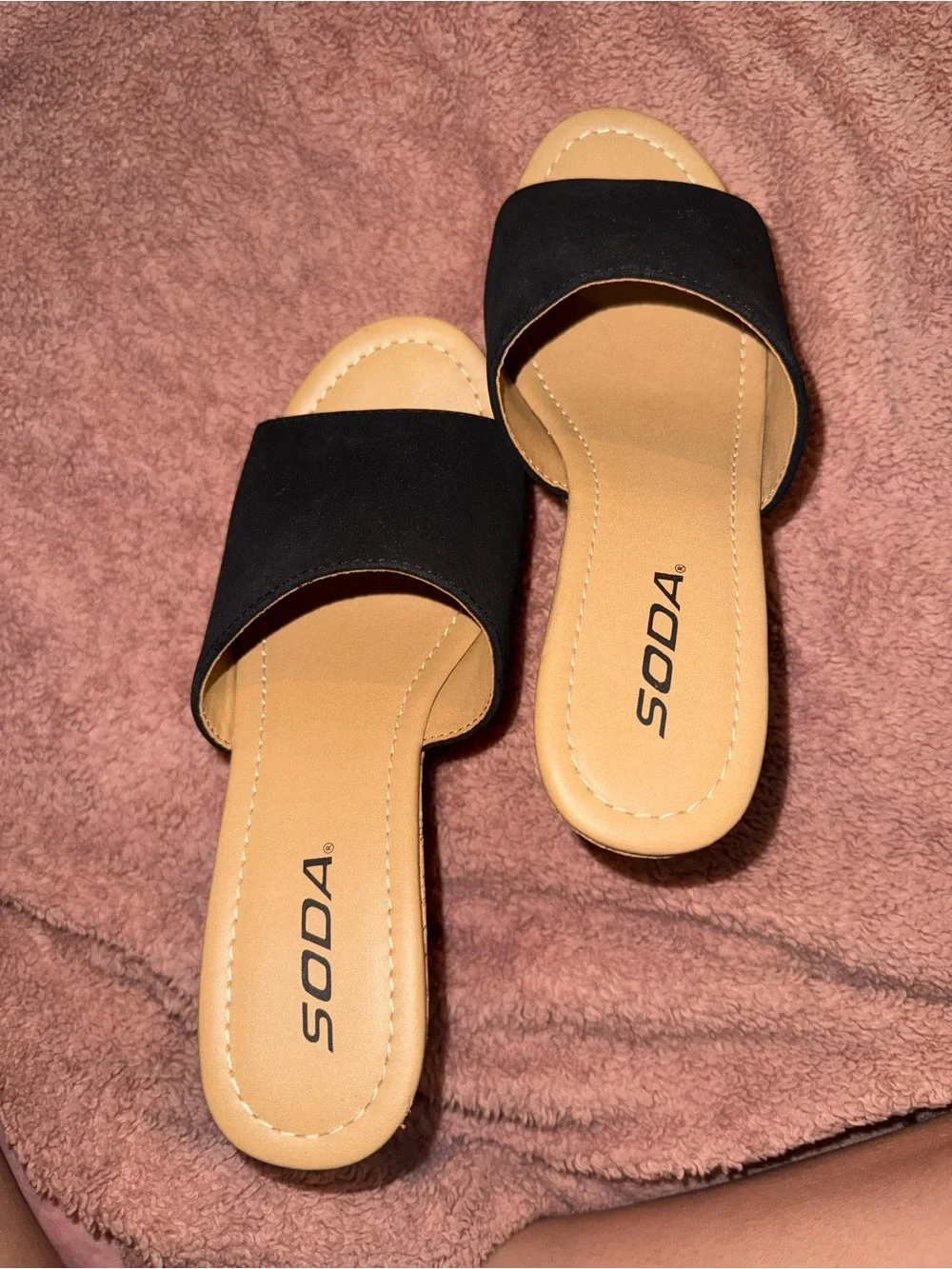Soda Black Cork Wedge Slide Sandals - Open Toe